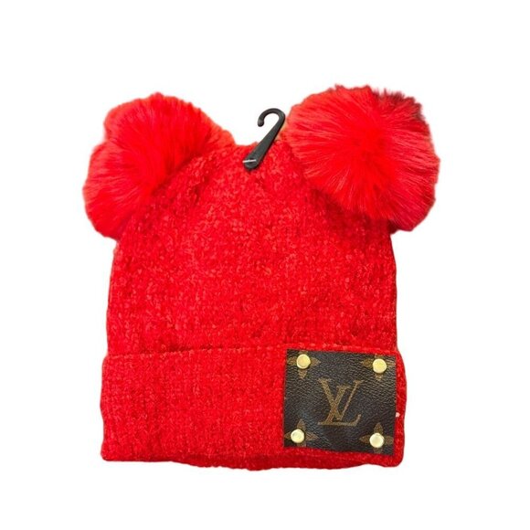 LV Kids Double Pom Lined Beanie Red SKU6 - Picture 1 of 1